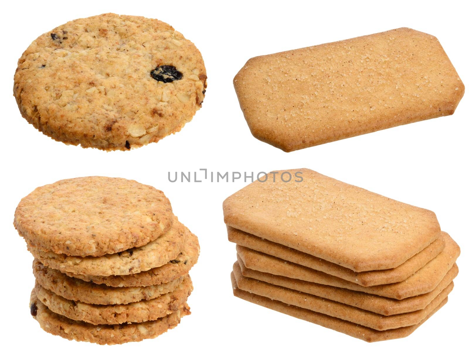 Round cookies with oatmeal and dried fruits, and rectangular shortbread cookies with cinnamon and sugar, set