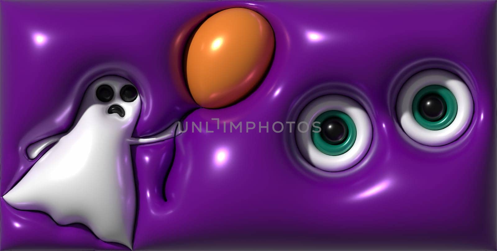 Ghost under white sheet flying on orange balloon, 3D rendering illustration