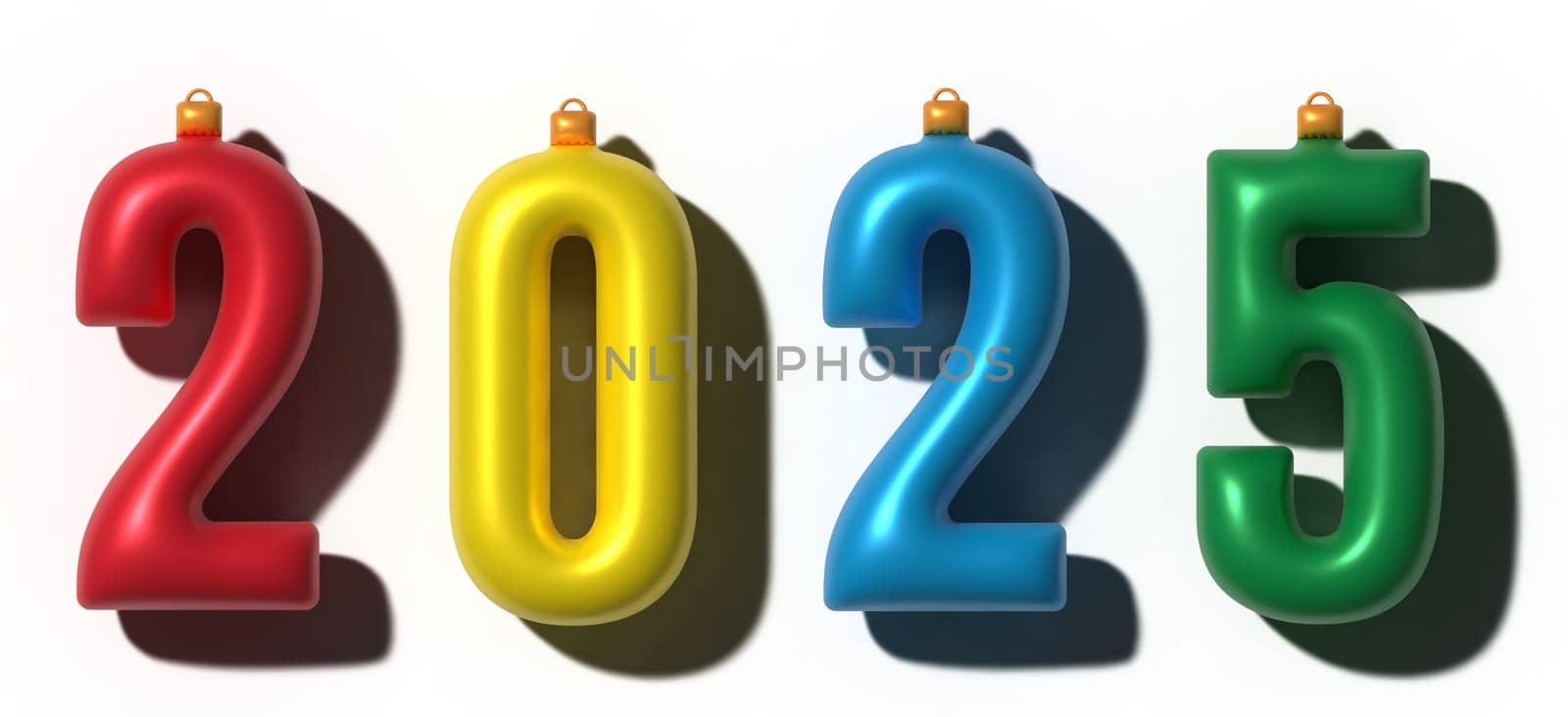 Multicolored numbers 2025 with shadow on isolated background, 3D rendering illustration