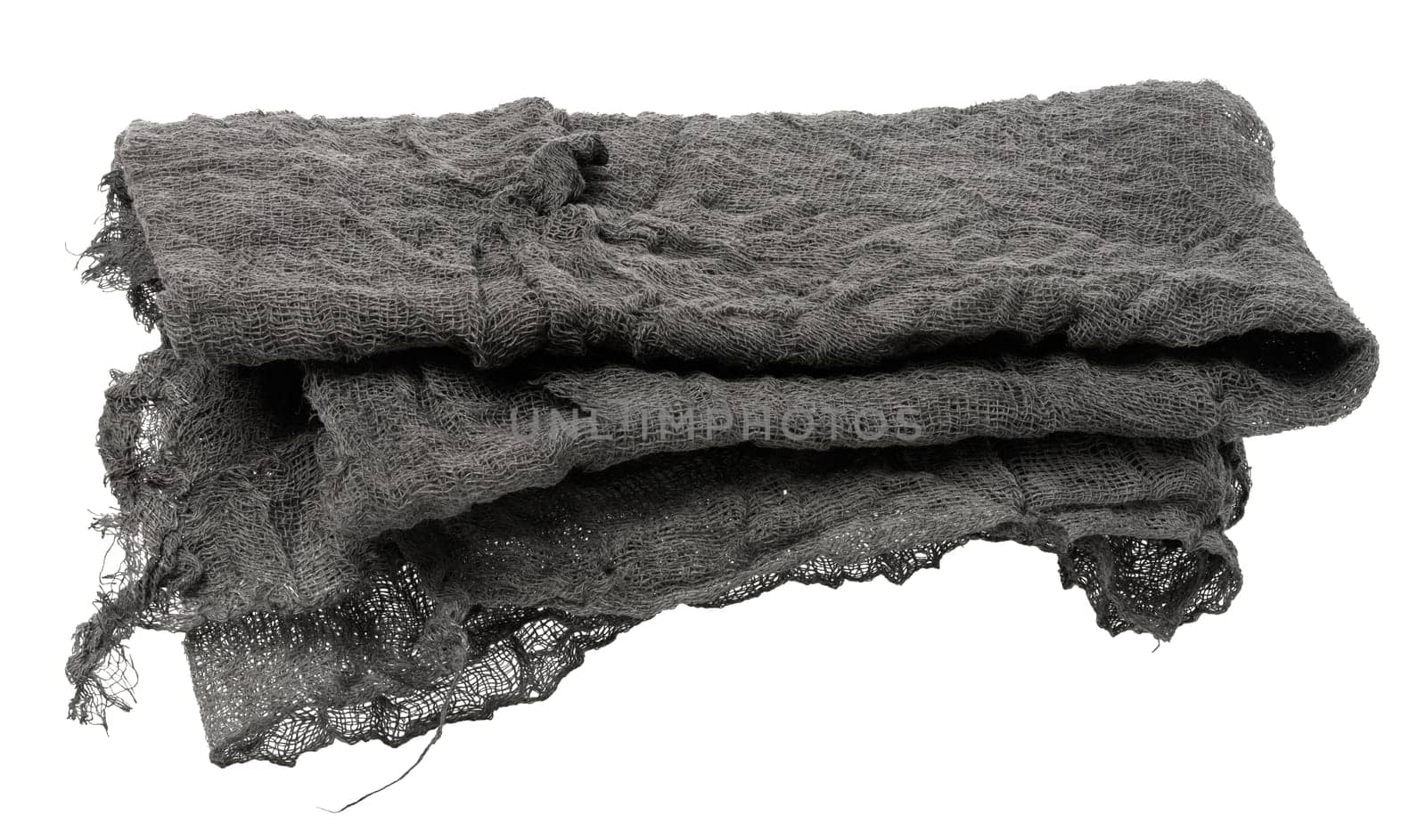 Folded black gauze kitchen napkin on white background, close up