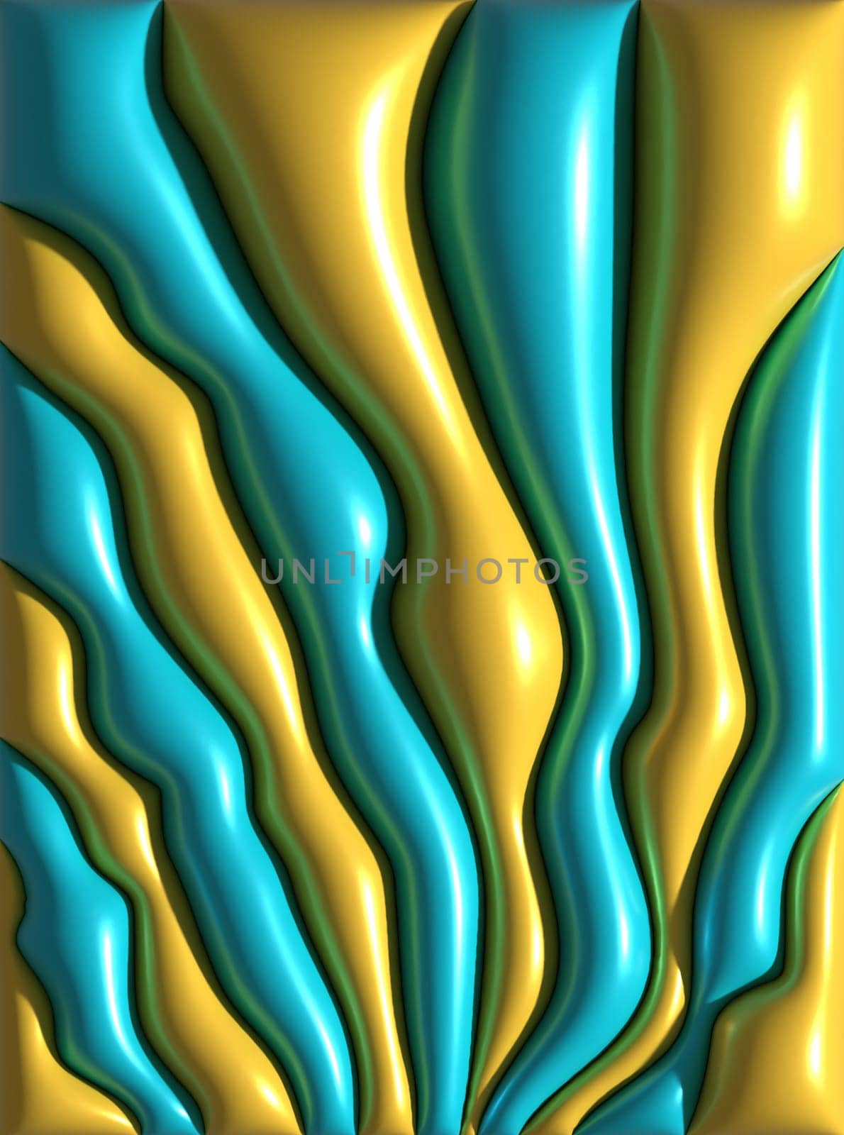 Inflated yellow and blue convolutions with shiny surface on isolated background, 3D rendering illustration
