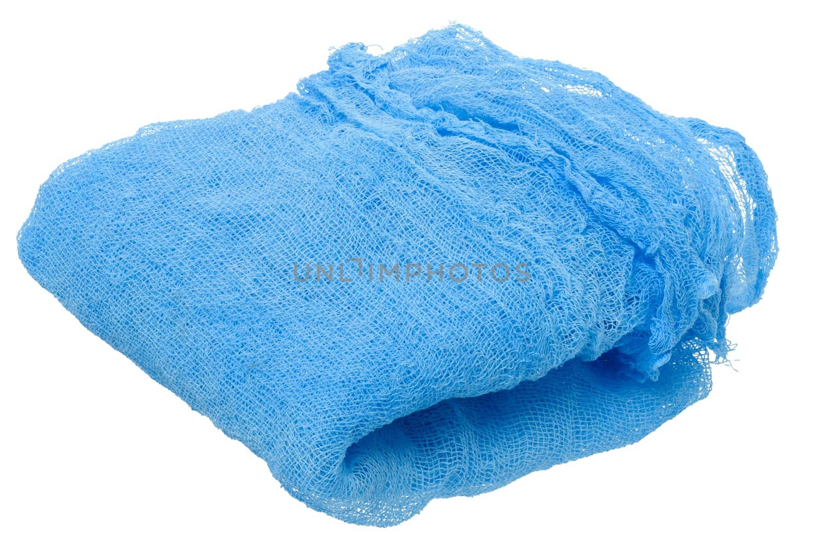 Folded blue gauze kitchen napkin on white background, close up
