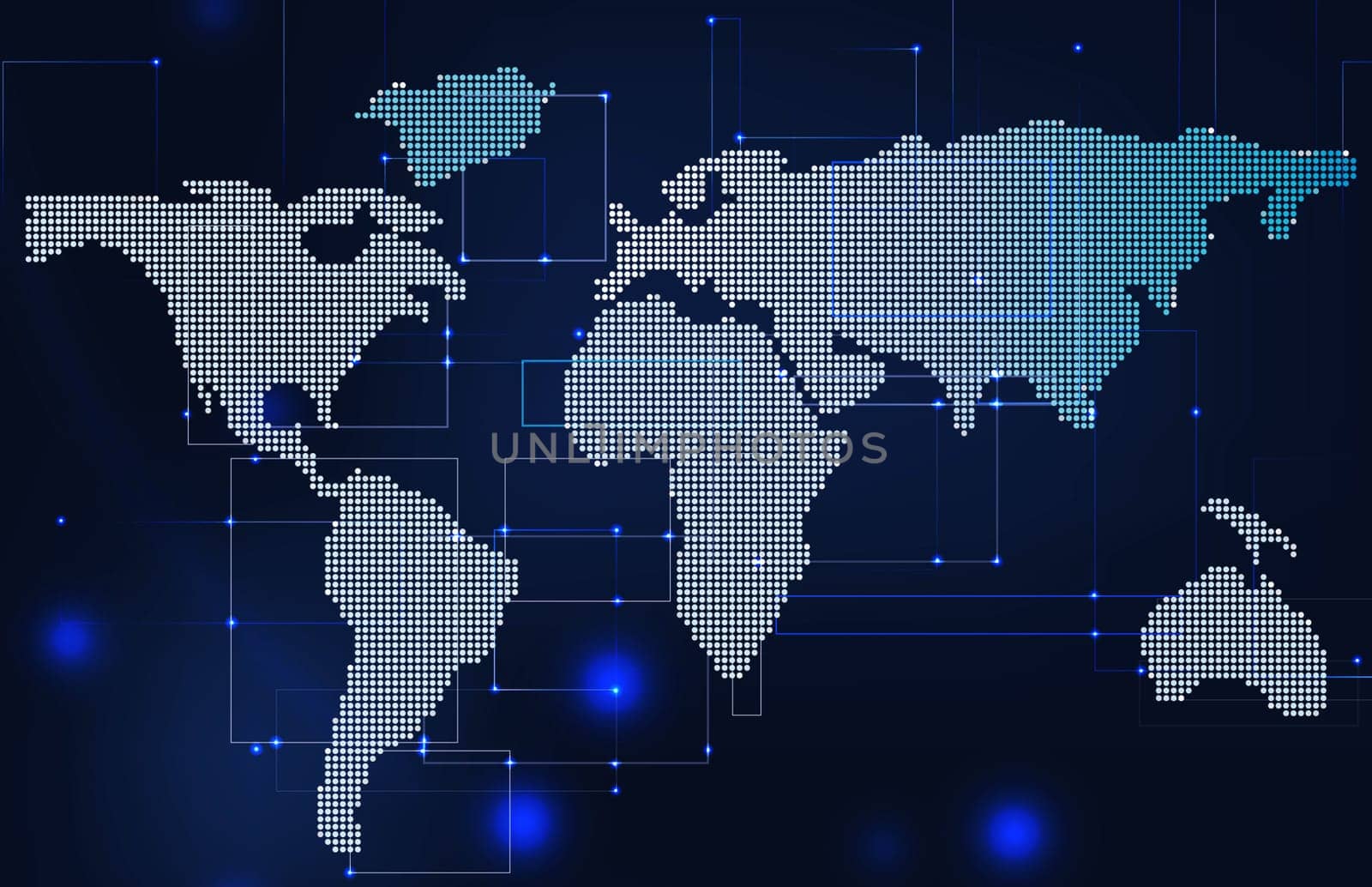 World map and continents made of dots on a blue background