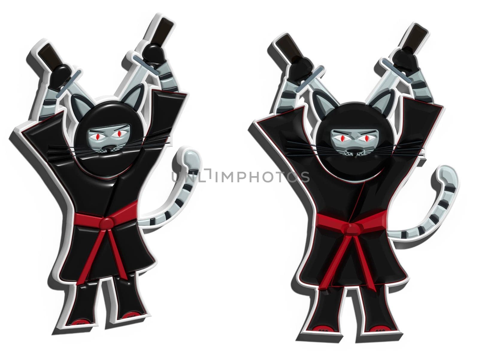 Samurai cat in black robe holding sword behind back on isolated background, 3D rendering illustration