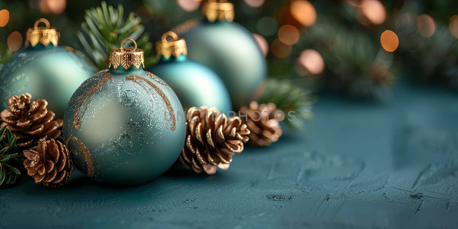 Close-up of Blue Christmas Decorations on Table with Replica Space