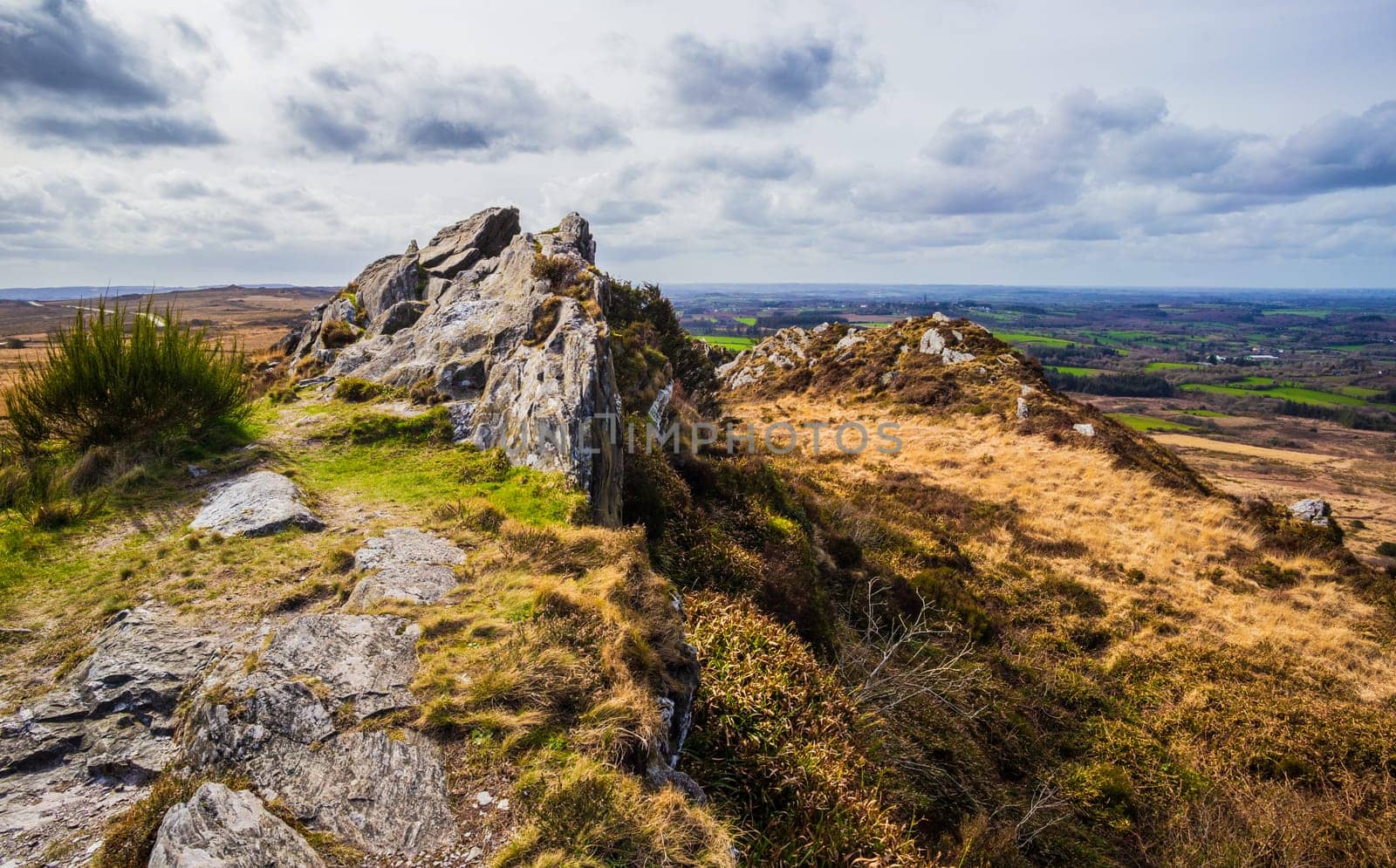 Magnificent panorama from the highest point in Brittany over the moors and hills. Roch Trevezel, Monts d'Arrée, France