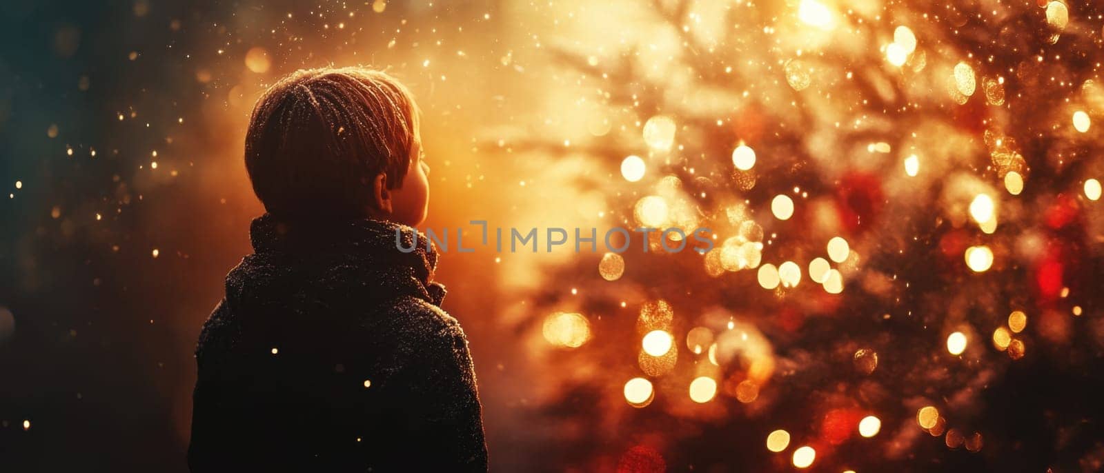 A young child gazes in awe at a glowing Christmas tree adorned with vibrant lights amidst a festive atmosphere.