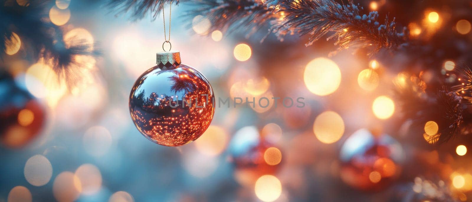 Colorful ornaments hang on a Christmas tree casting a warm glow amidst festive lights creating a joyful holiday atmosphere.