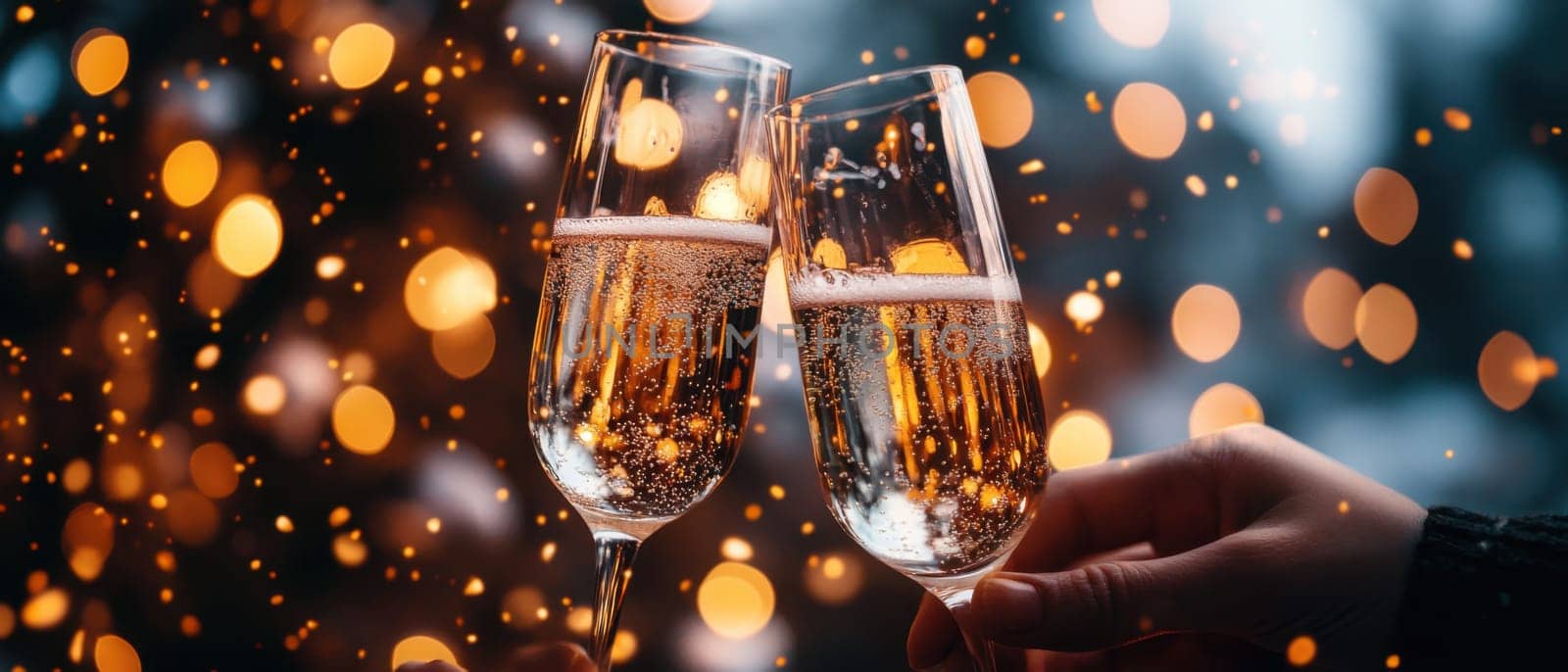 Two glasses of sparkling wine are clinked together against a backdrop of glowing festive lights celebrating a joyful moment.