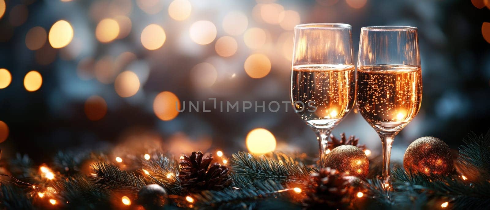 Two glasses filled with sparkling wine sit on a table surrounded by holiday decorations creating a warm and festive atmosphere.