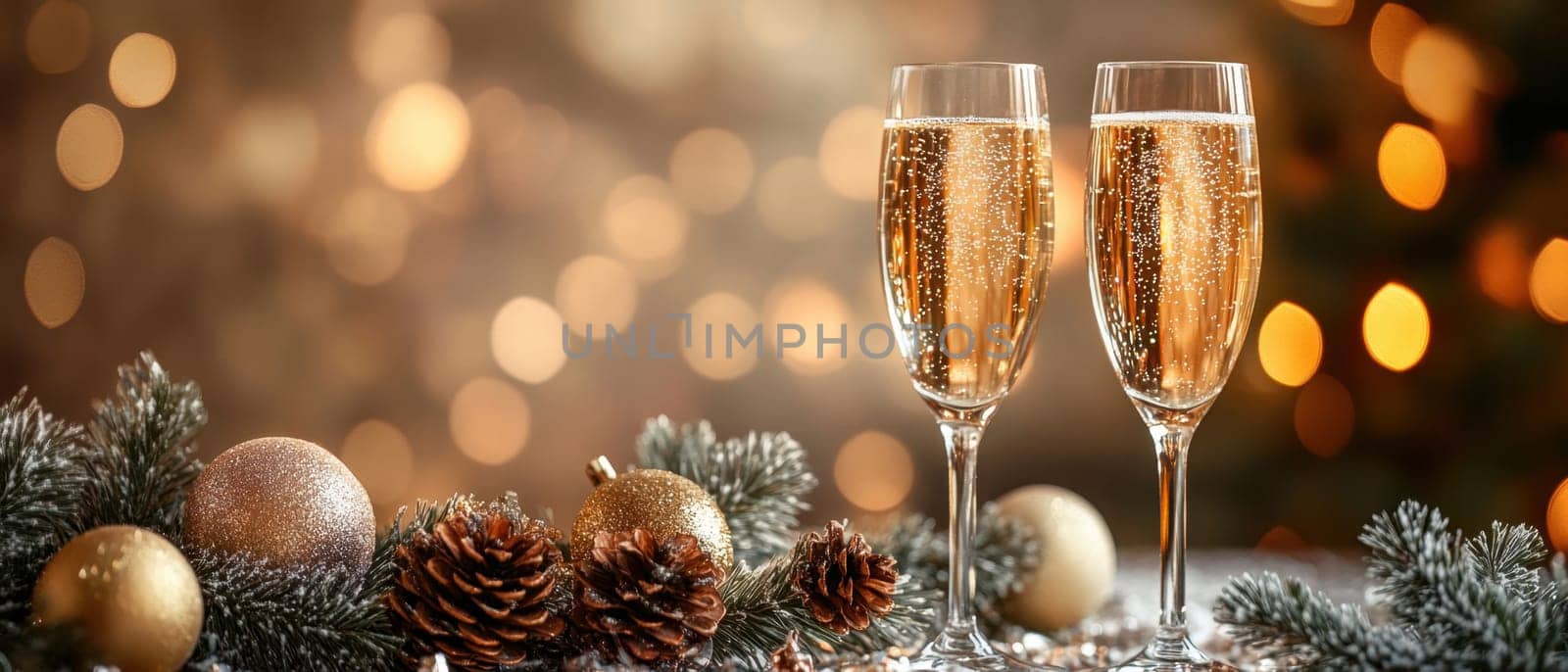 Two champagne glasses filled with sparkling drink sit on a decorated table surrounded by festive ornaments and soft glowing lights.