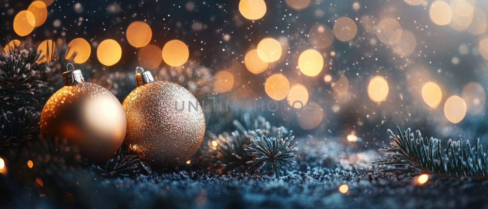 Golden ornaments rest close together on a snowy surface surrounded by twinkling lights as snow gently falls around them in the evening.