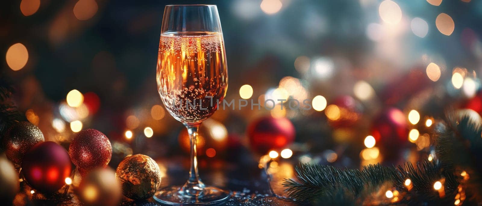 A glass of sparkling beverage sits among colorful ornaments and twinkling lights capturing the essence of a joyful holiday celebration.