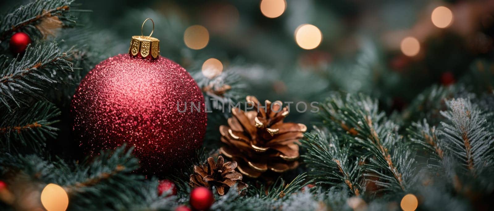 A shiny red ornament hangs among pine branches accompanied by a decorative pinecone and twinkling lights creating a festive atmosphere.