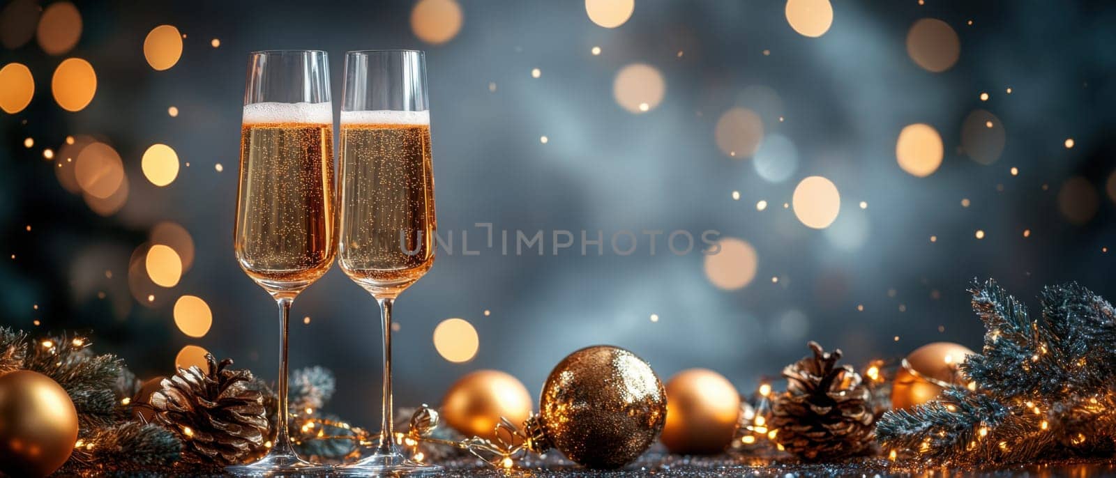 Two champagne glasses stand ready for a toast amidst sparkling lights and holiday decorations embodying a celebratory atmosphere.