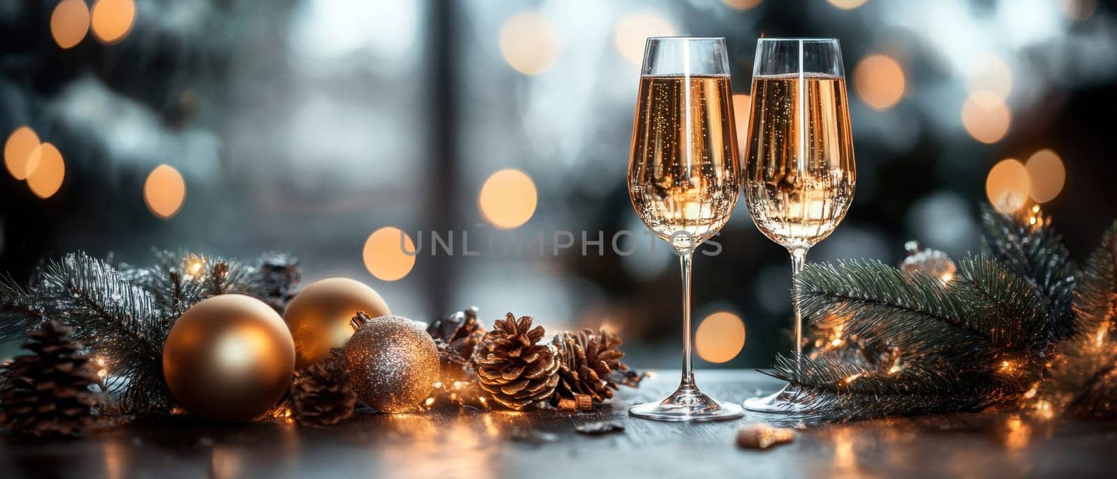 Two elegant champagne glasses filled with bubbly sit beside festive decorations creating a warm celebratory atmosphere for the holidays.