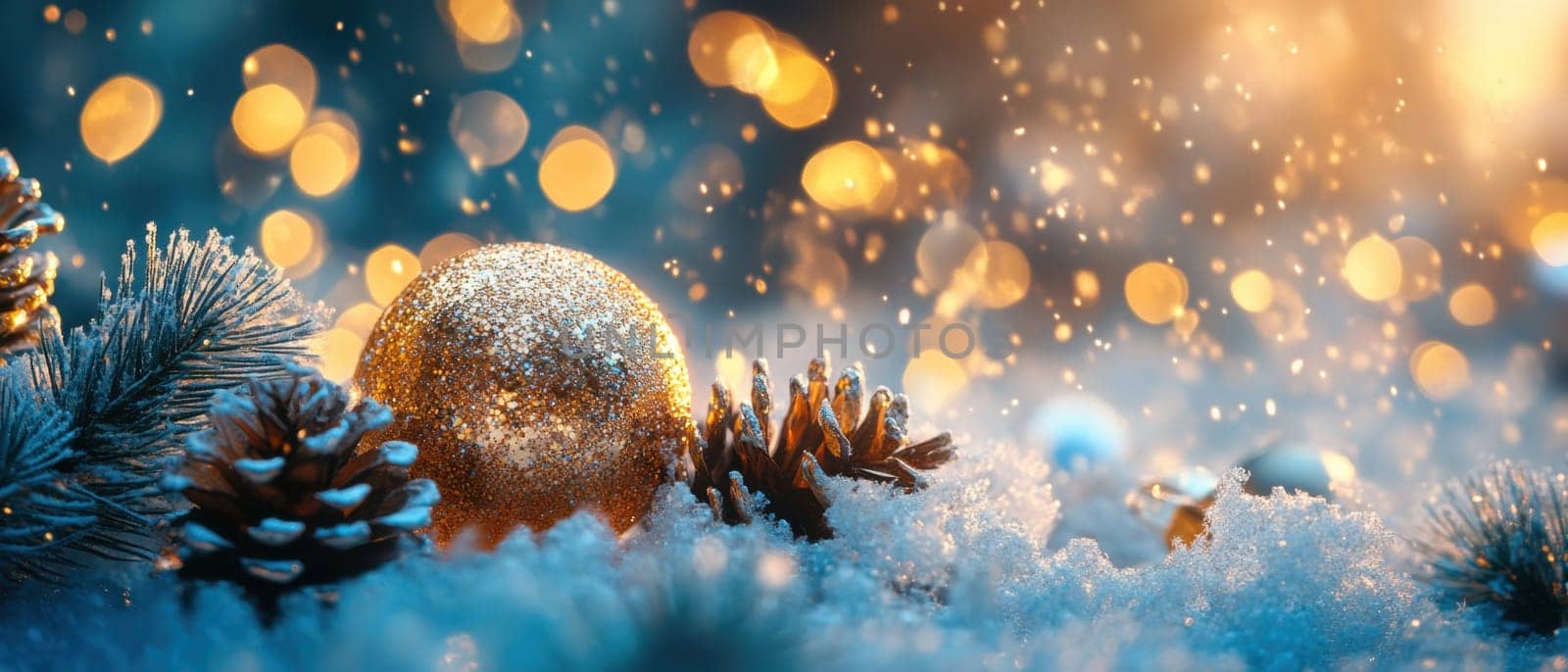 A joyful winter landscape featuring golden ornaments pinecones and a light dusting of snow sparkling in soft warm light.