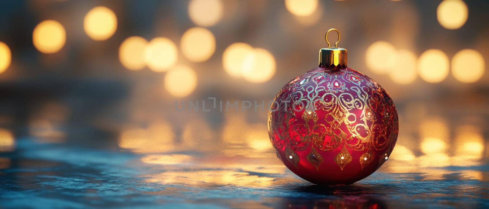 A vibrant red Christmas ornament with intricate gold patterns rests on a reflective surface surrounded by warm glowing lights.