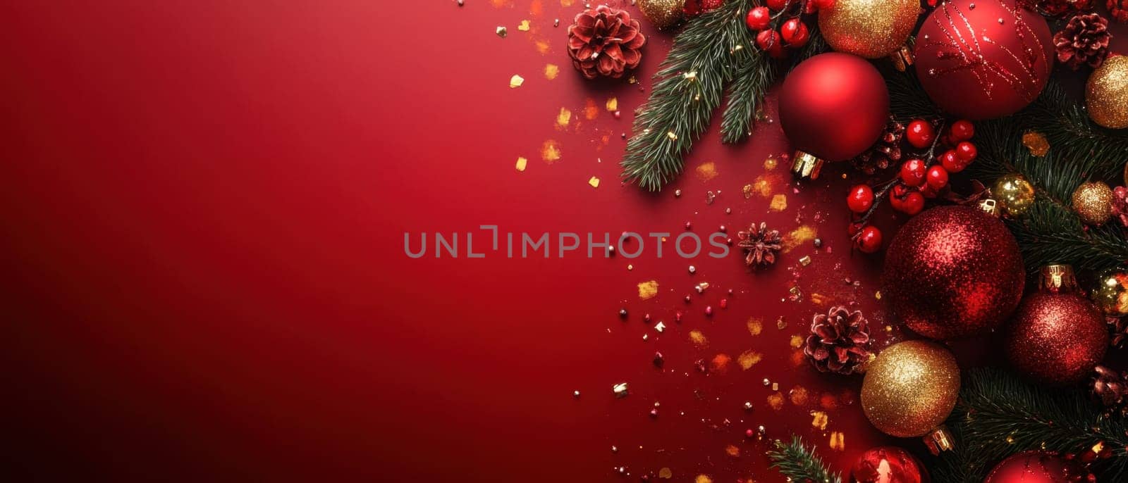 Decorative red and gold ornaments are arranged with pine branches and pinecones creating a holiday atmosphere perfect for celebrations.