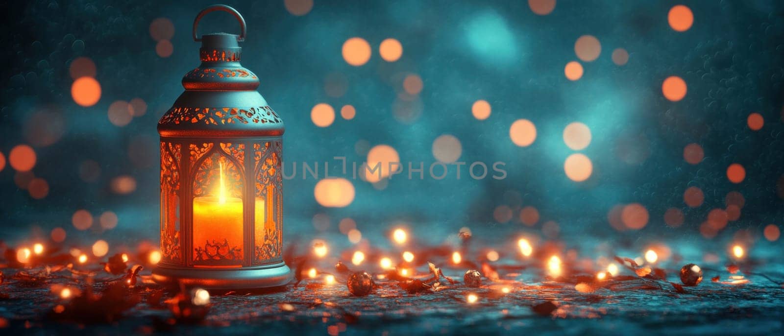 A beautifully crafted lantern emits a warm glow surrounded by soft lights scattered on a textured surface creating a cozy atmosphere.