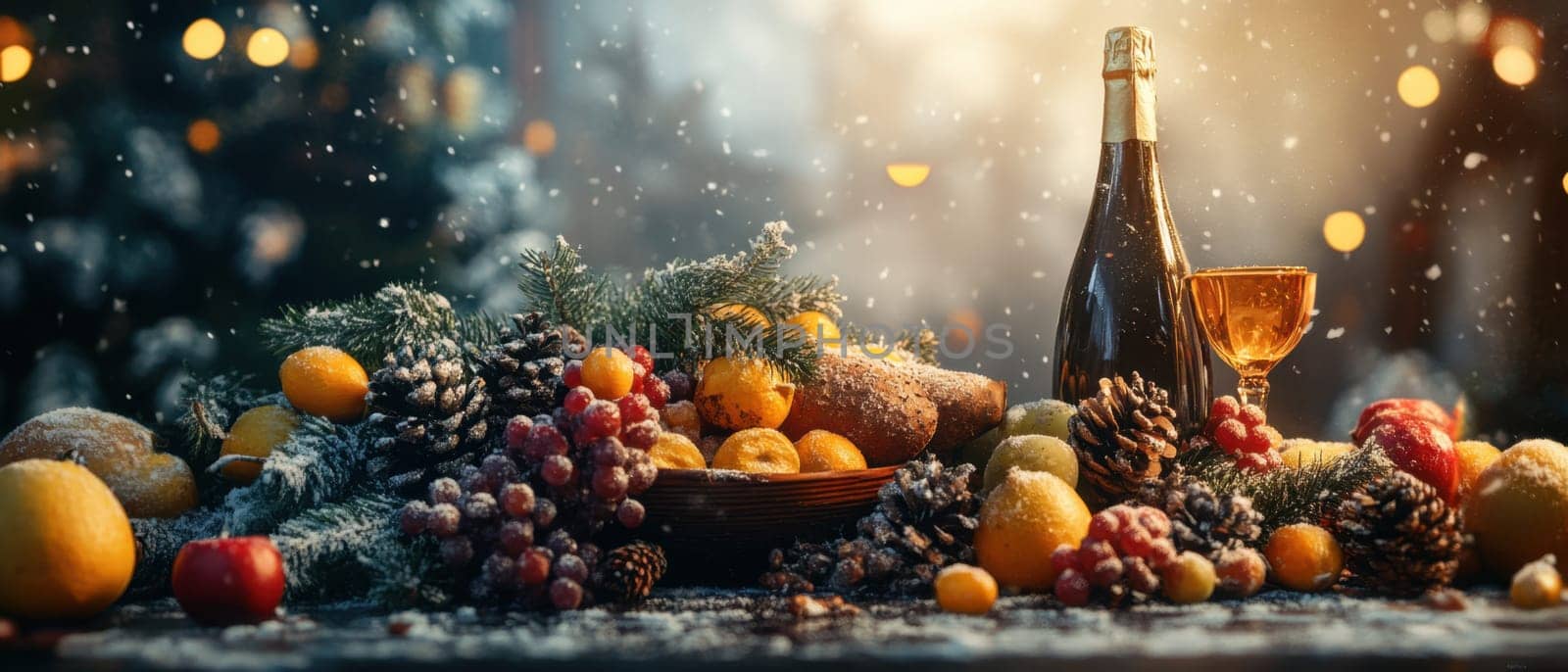 A festive gathering showcases a bottle of champagne alongside colorful fruits and pinecones all set against a snowy backdrop.