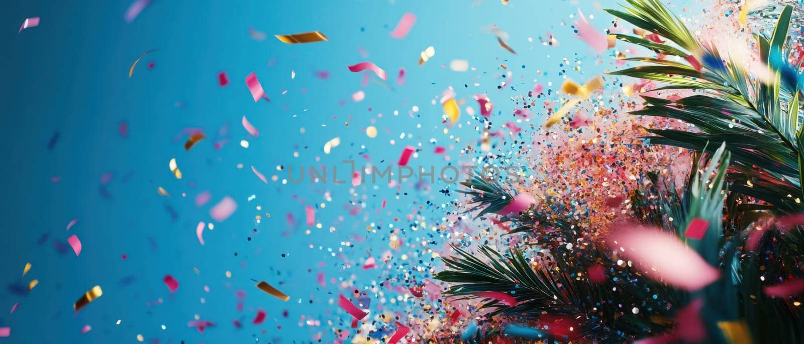 Confetti in various colors fills the air against a bright blue background blending with lush green palm leaves during a festive celebration.