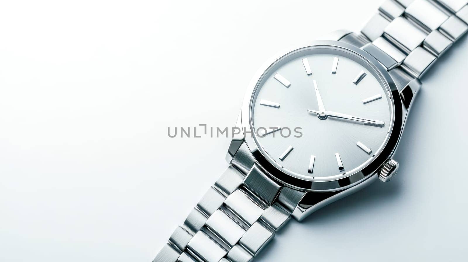 Gleaming wrist watch exudes sophistication and elegance with a silver dial and metallic bracelet, perfect for any occasion