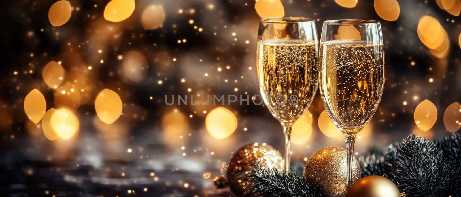 Two filled champagne glasses sparkle among festive decorations capturing the essence of a joyful celebration during a holiday gathering.