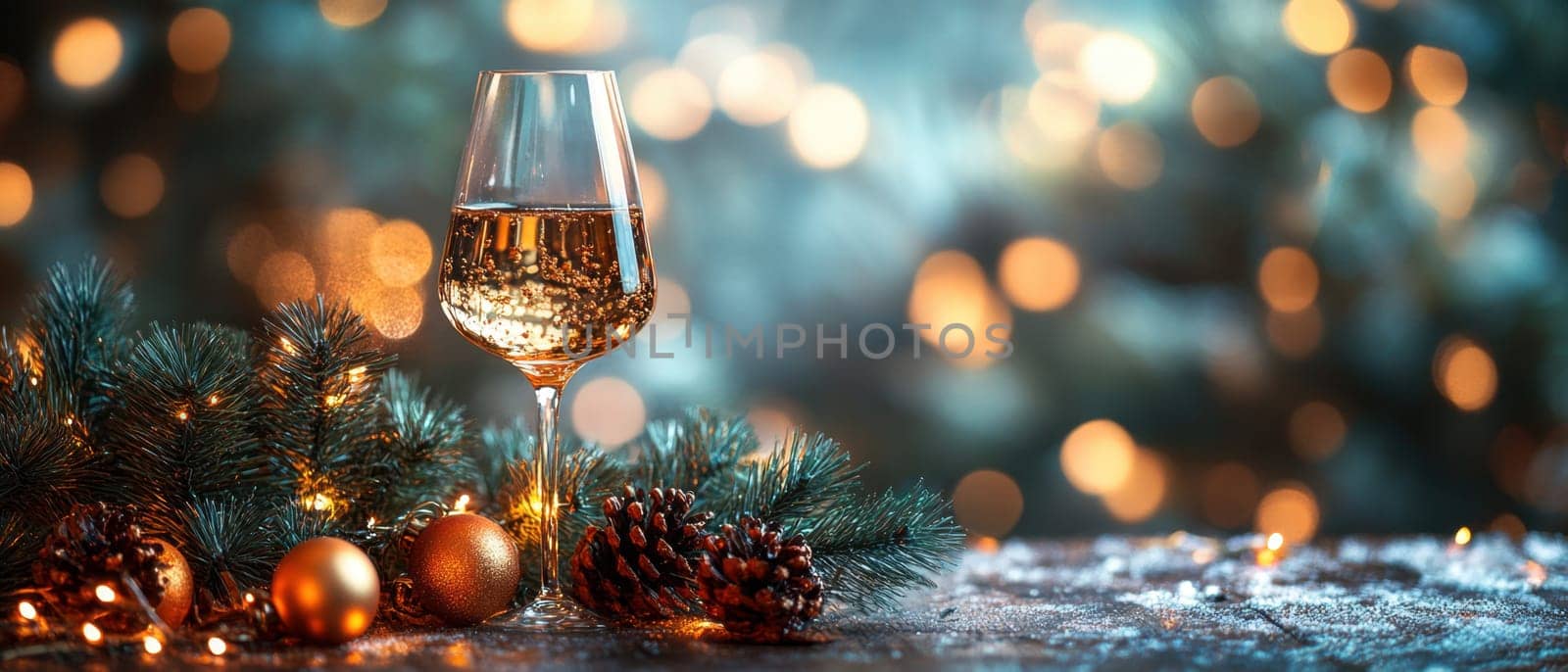 A festive glass of sparkling wine rests on a table adorned with pine branches ornaments and twinkling lights during the holiday season.
