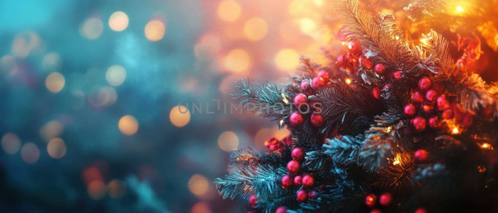 A beautifully adorned Christmas tree is decorated with bright lights and red berries creating a warm festive atmosphere during the holiday season.