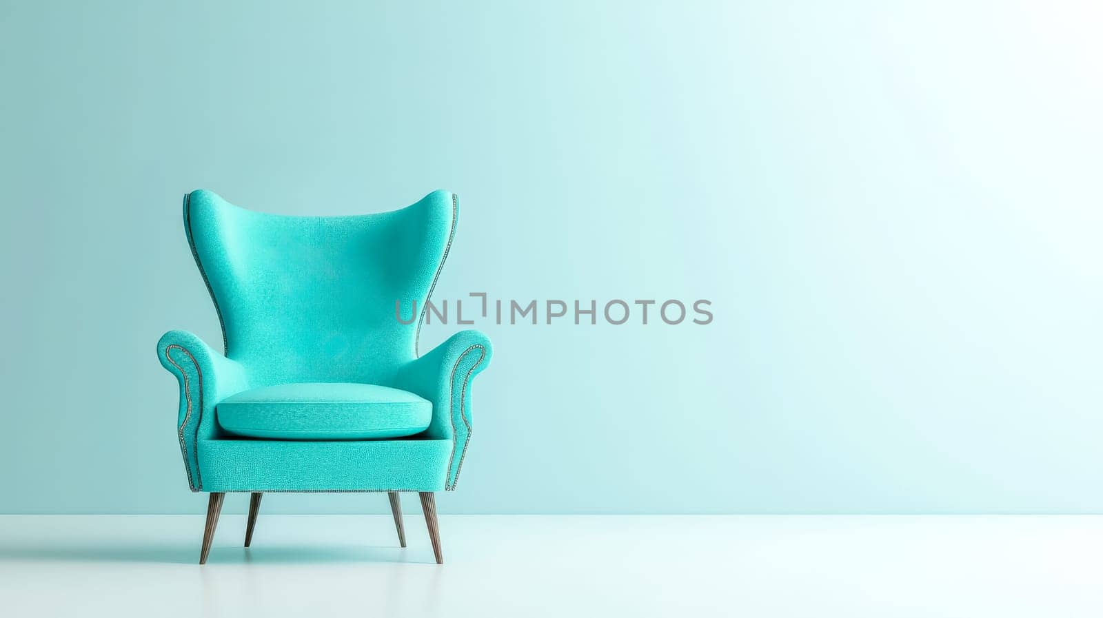 Modern armchair with turquoise upholstery is standing in a minimalist living room with a plain wall in the background