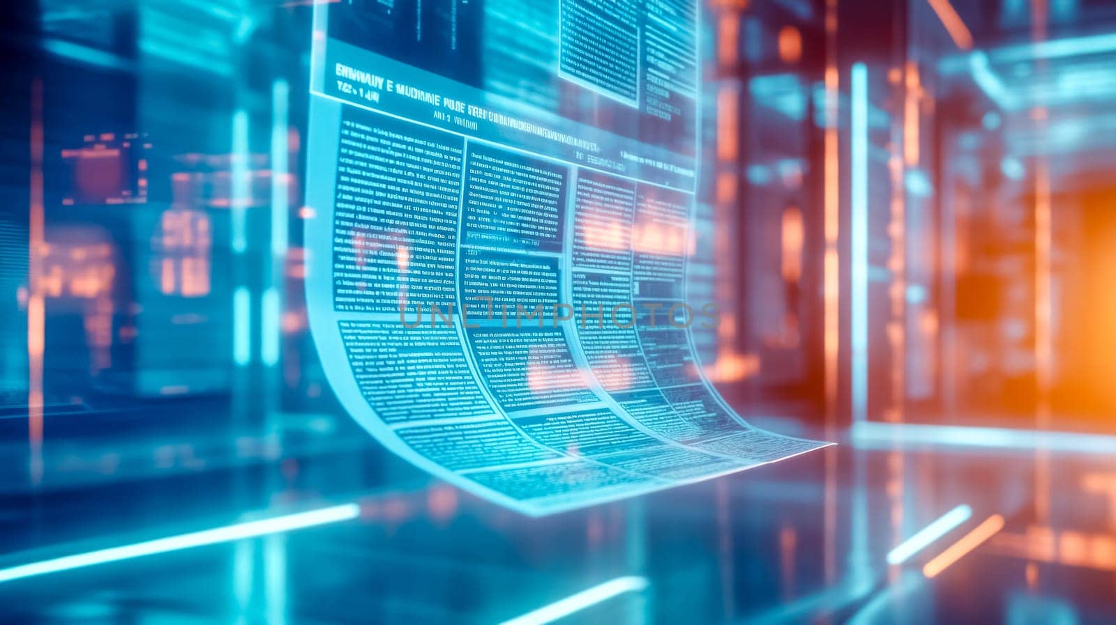 Digital newspaper is floating in a server room with glowing lights, symbolizing the future of news and information consumption