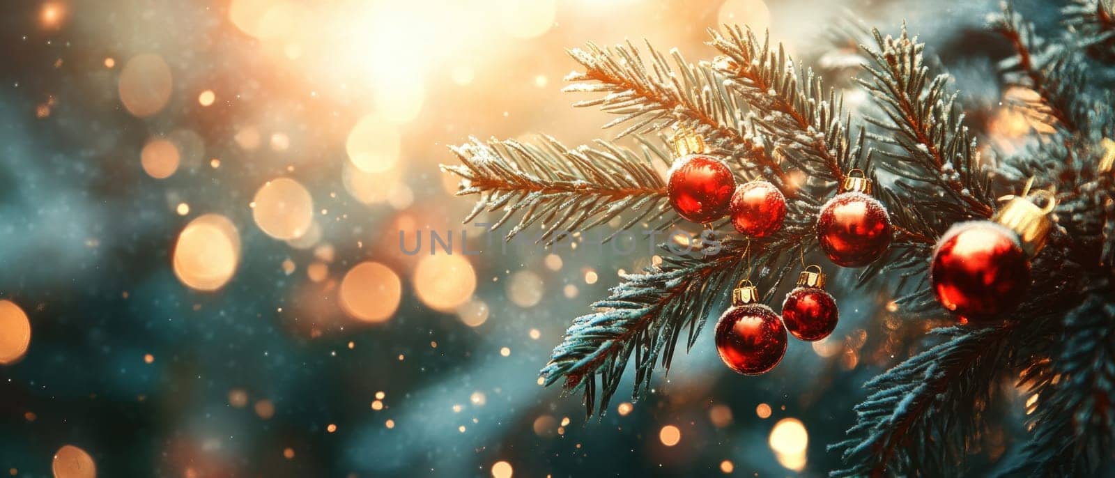 A close up of a Christmas tree branch adorned with red ornaments sparkling lights and a warm festive atmosphere during the holiday season.