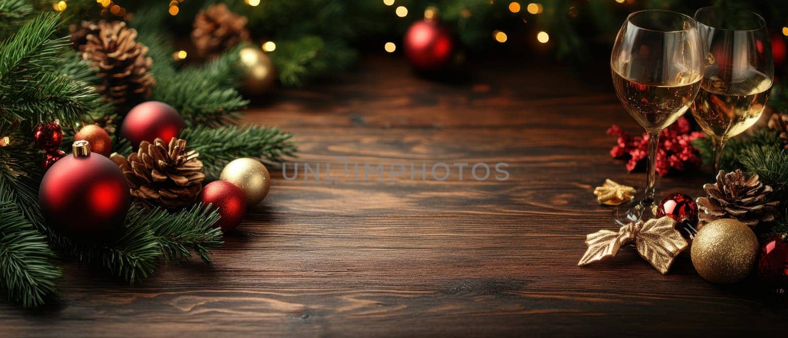 A beautifully arranged holiday table adorned with ornaments pinecones and two glasses of sparkling wine creating a warm festive atmosphere.