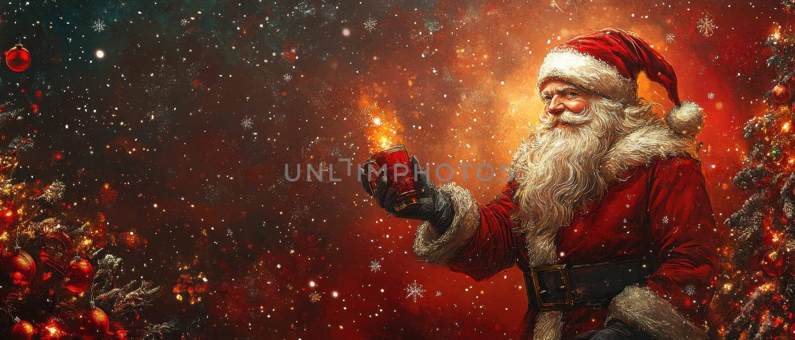 A joyful Santa Claus holds a steaming cup near a beautifully adorned Christmas tree surrounded by falling snowflakes during the winter season.