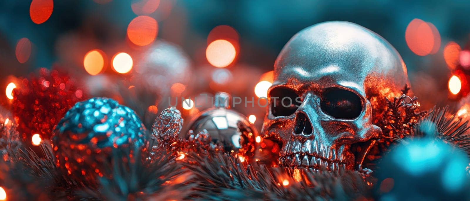 A decorative display features a metallic skull surrounded by colorful ornaments and bright lights blending holiday spirit with a spooky twist.