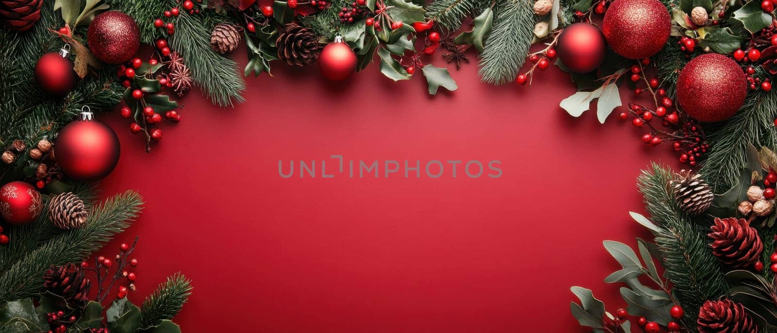 A vibrant arrangement of red ornaments pine branches and berries creates a festive holiday atmosphere for celebrations and decorations.