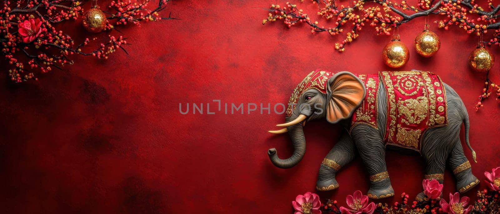 A beautifully adorned elephant stands against a rich red background surrounded by floral patterns and ornaments evoking a festive atmosphere.