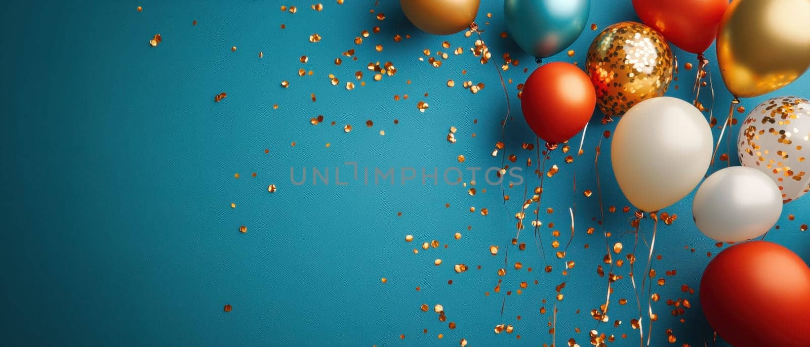Bright balloons in various colors and sparkling confetti create a festive atmosphere against a vibrant blue background.