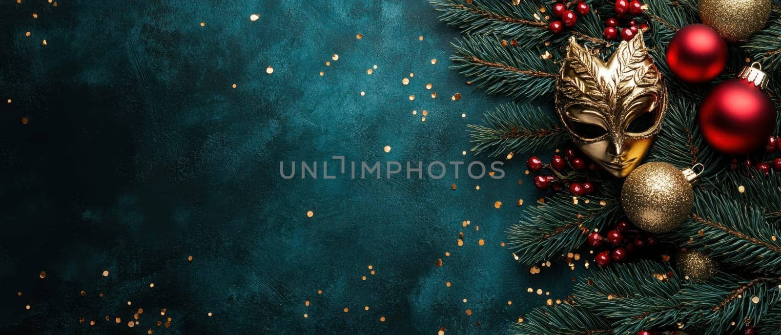 A beautifully arranged display of a golden mask red ornaments and festive greenery creates a cheerful holiday atmosphere.