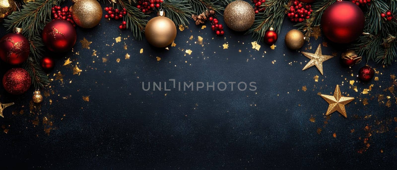 Vibrant green pine boughs adorned with red and gold ornaments berries and shimmering stars create a joyful holiday atmosphere.