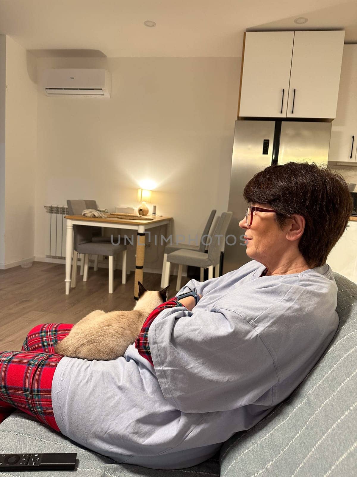Woman relaxing at home with a cozy cat. Warmth of companionship and tranquility in a modern living room. Home comfort, bonding with a pet and evening relaxation.