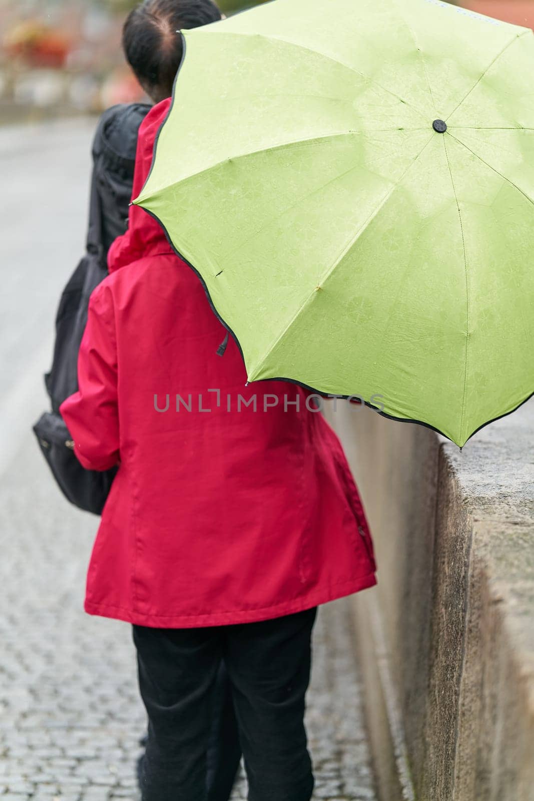 Tourists on the old Main Bridge, alte Mainbrücke in Wuerzburg in rainy weather with umbrellas