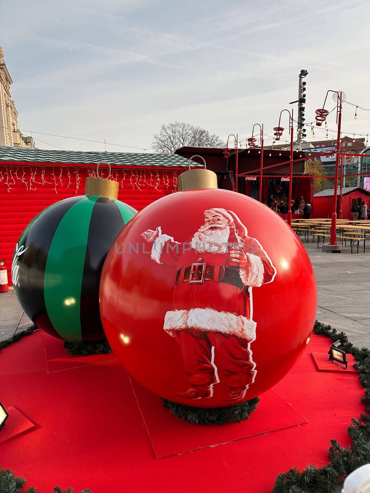 Belgrade, Serbia - December 9, 2022: Festive decorations during Coca Cola Christmas Advent. Urban celebrate decoration.