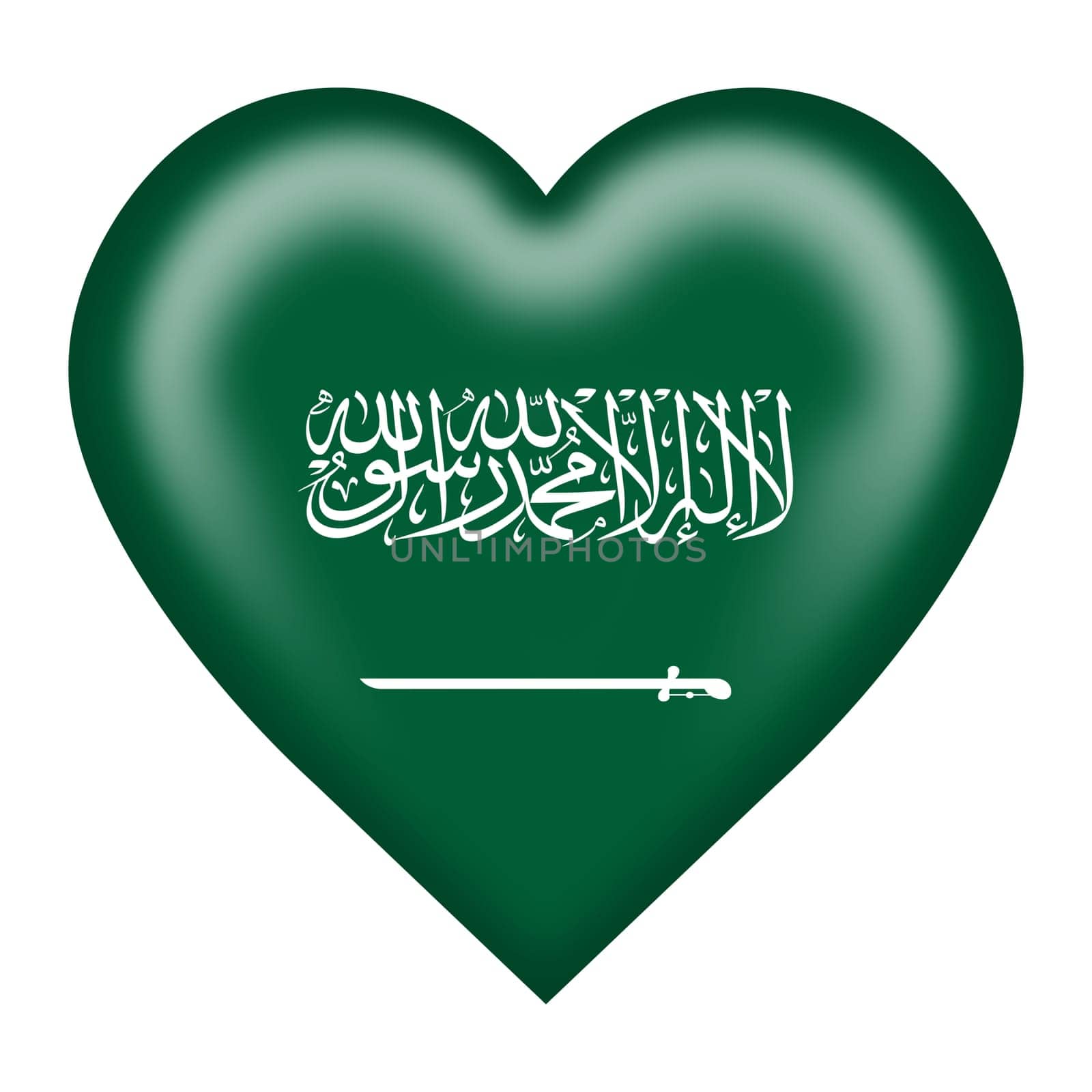 A Saudi Arabia flag heart button isolated on white with clipping path 3d illustration