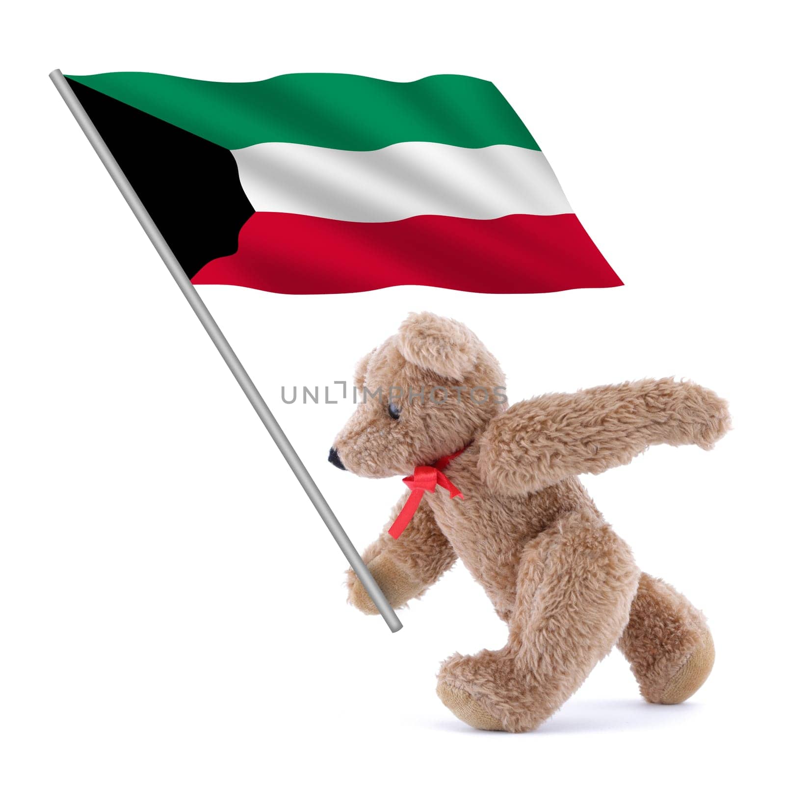 A Kuwait flag being carried by a cute teddy bear