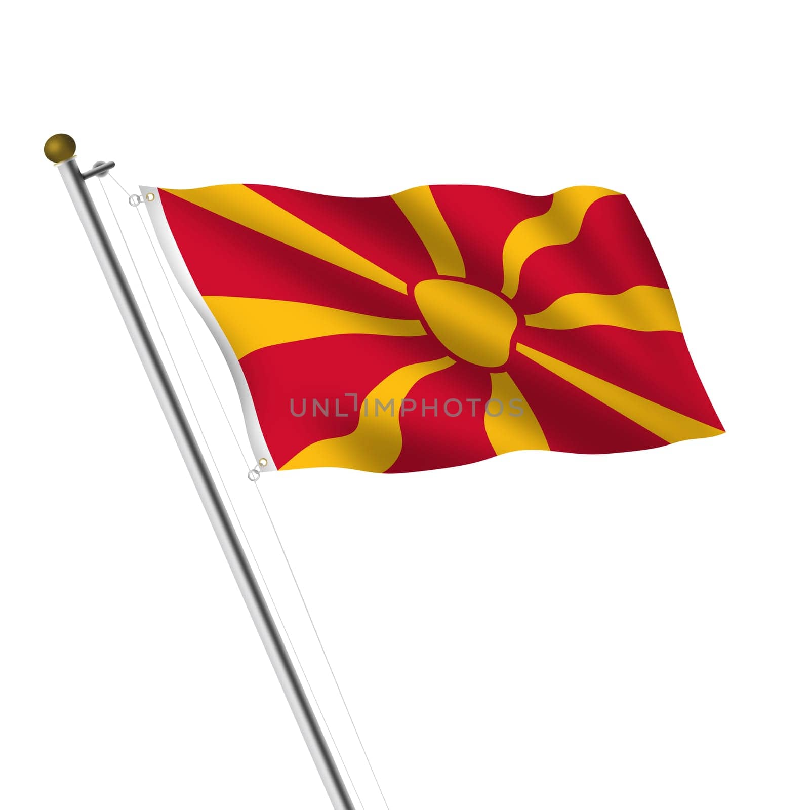 A North Macedonia flagpole 3d illustration on white with clipping path