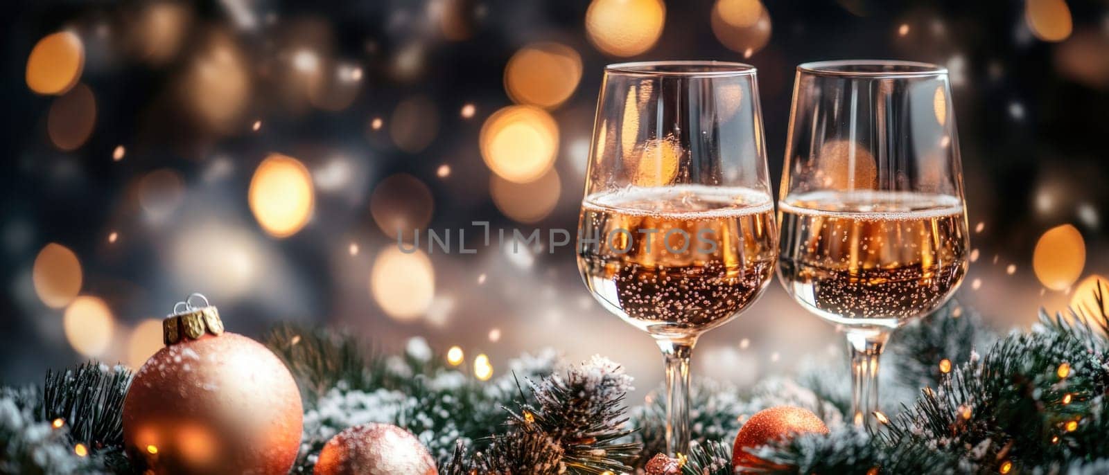 Two elegant glasses of sparkling beverage sit on a table with seasonal decorations surrounded by cozy holiday lights and ornaments.