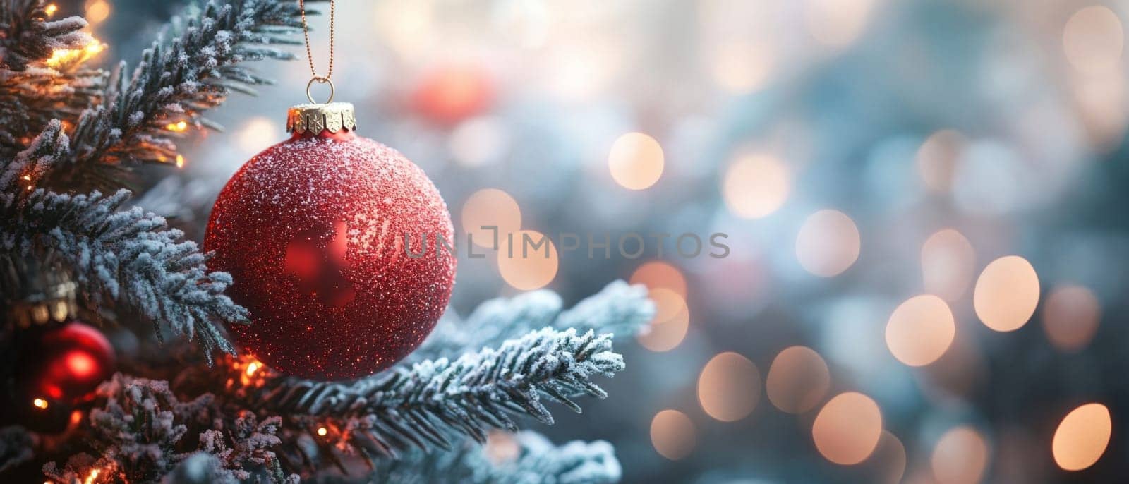 A beautiful red ornament is prominently displayed on a snow covered Christmas tree surrounded by soft glowing lights in a festive atmosphere.