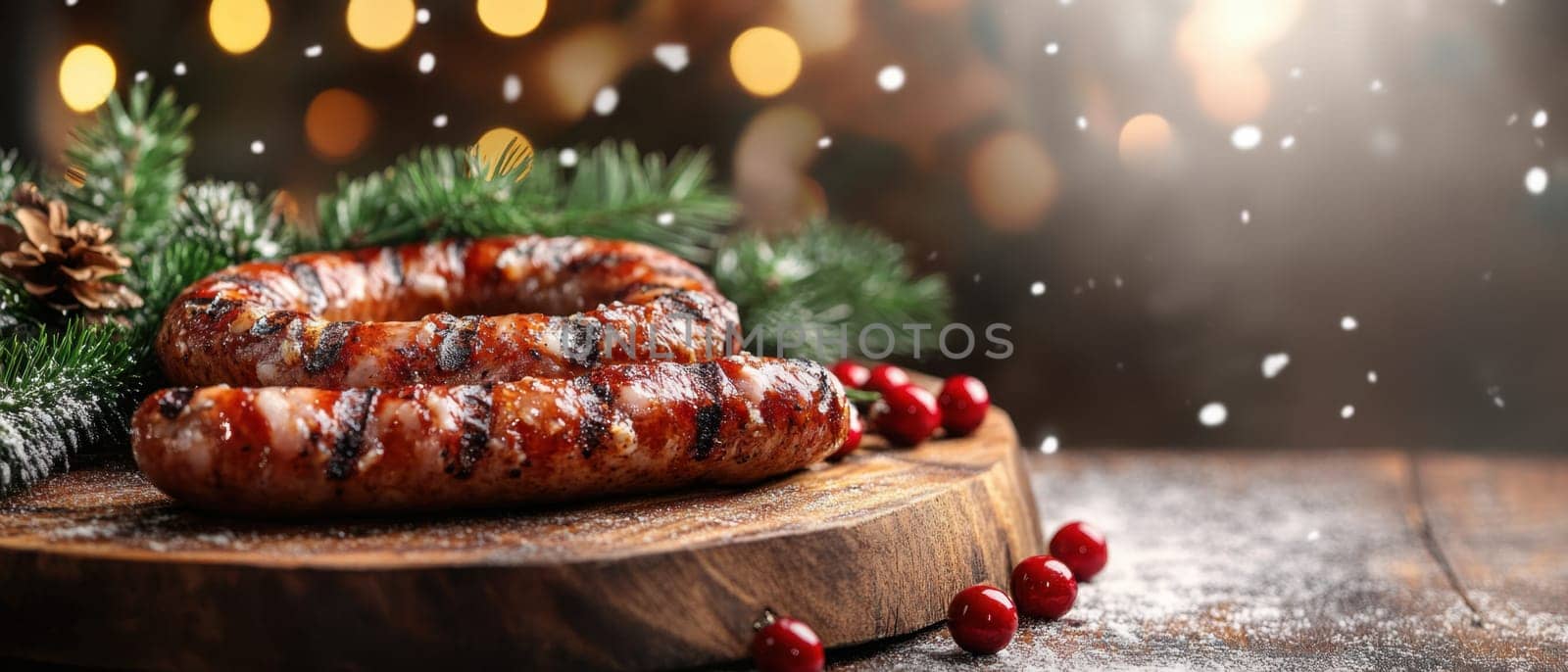 Delicious grilled sausages arranged on a wooden board surrounded by festive greenery and red berries creating a warm winter ambiance.